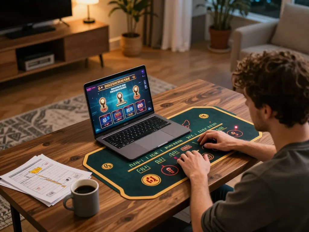 Player enjoying fly88 online casino on laptop with strategy notes and warm lighting