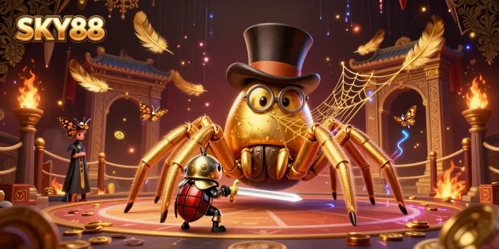 Engage in thrilling gameplay at SKY88, depicted with golden casino elements and vibrant characters.