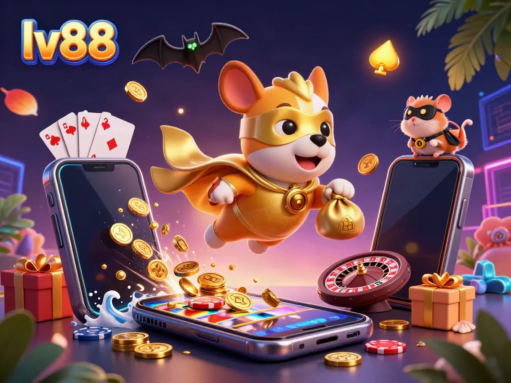 Experience thrilling adventures with lv88, featuring a superhero dog flying and gold coins spilling from a smartphone.
