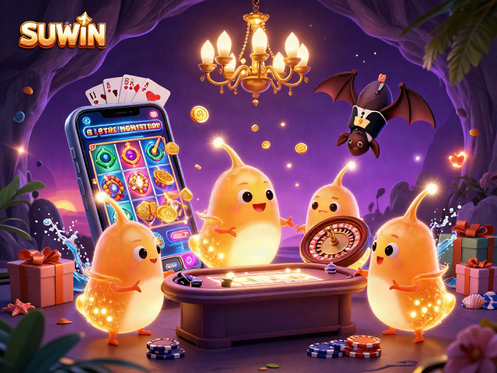 Experience SUWIN's vibrant casino atmosphere with glowing characters, games, and rich details all around.