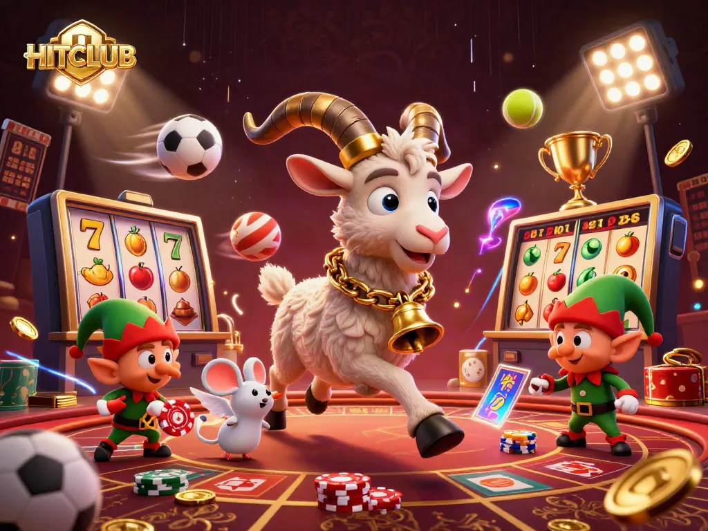 Experience the thrill of HITCLUB with festive casino action, featuring dynamic characters and animated elements.