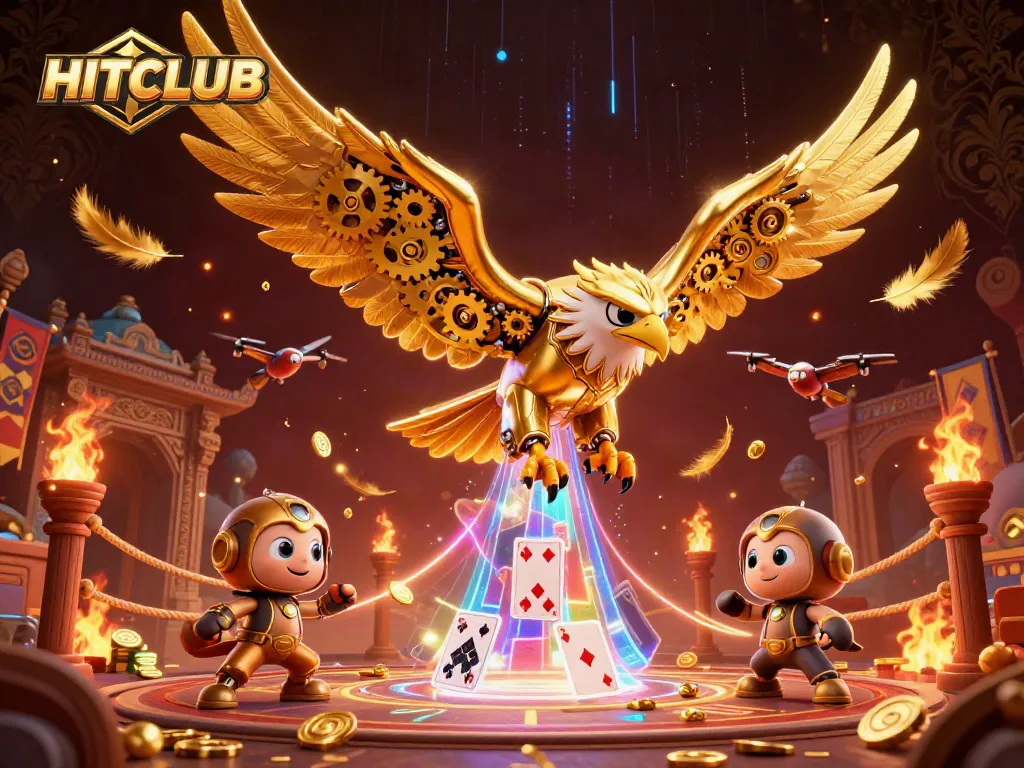 HITCLUB showcases a thrilling dive by a cybernetic eagle through holographic cards in a vibrant casino