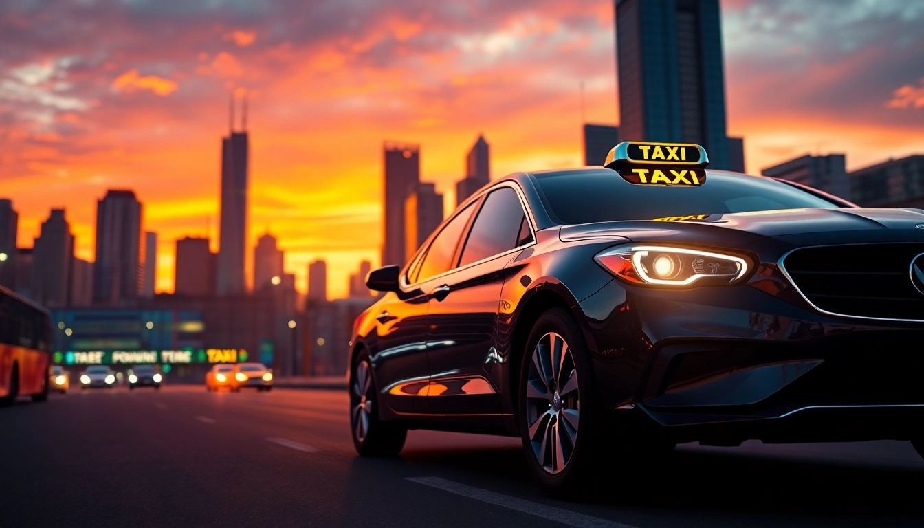 Taxi driving through a city at dusk, showcasing vibrant urban life and modern service.