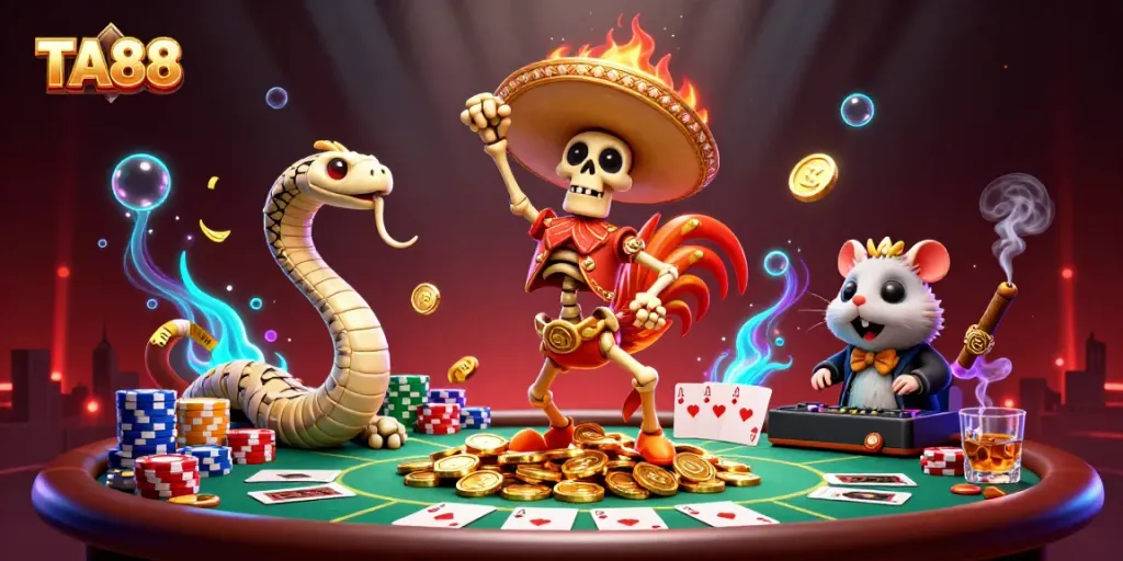 TA88 gaming celebration scene featuring a rooster and a mummy snake amidst poker chips and cards.