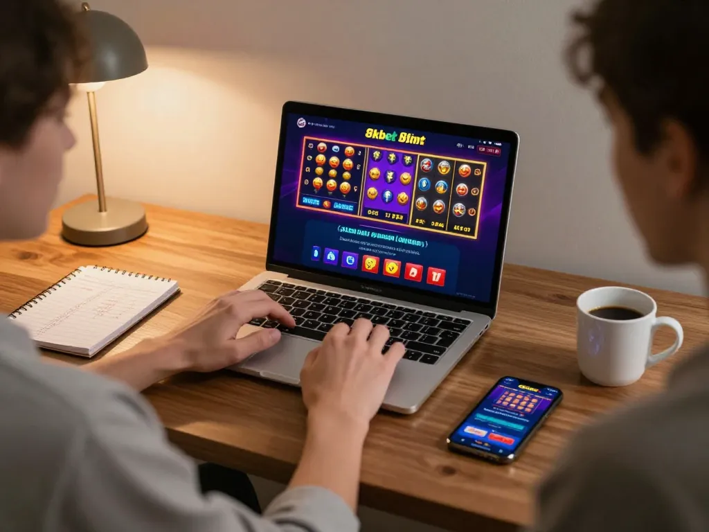 Engaging with 8kbet online casino games at a stylish home setup, showcasing dynamic virtual gameplay