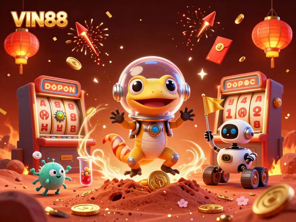 Celebrate wins at VIN88 with a Martian gecko discovering a golden casino adventure.