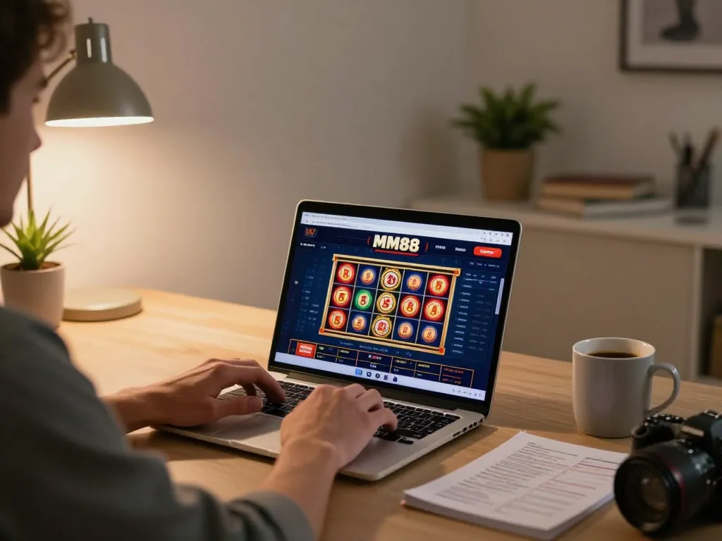 Engaged player enjoying the MM88 online casino on a sleek laptop in a cozy home setting.