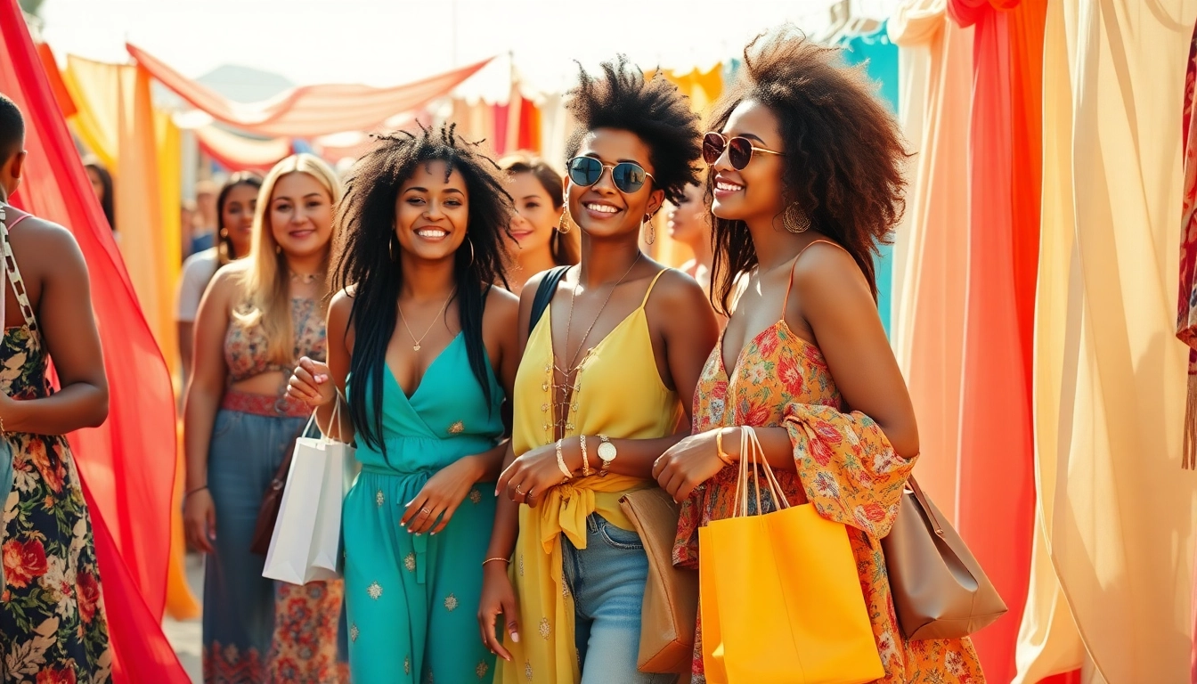 Women fashion scene showcasing diverse styles and joyful interactions.