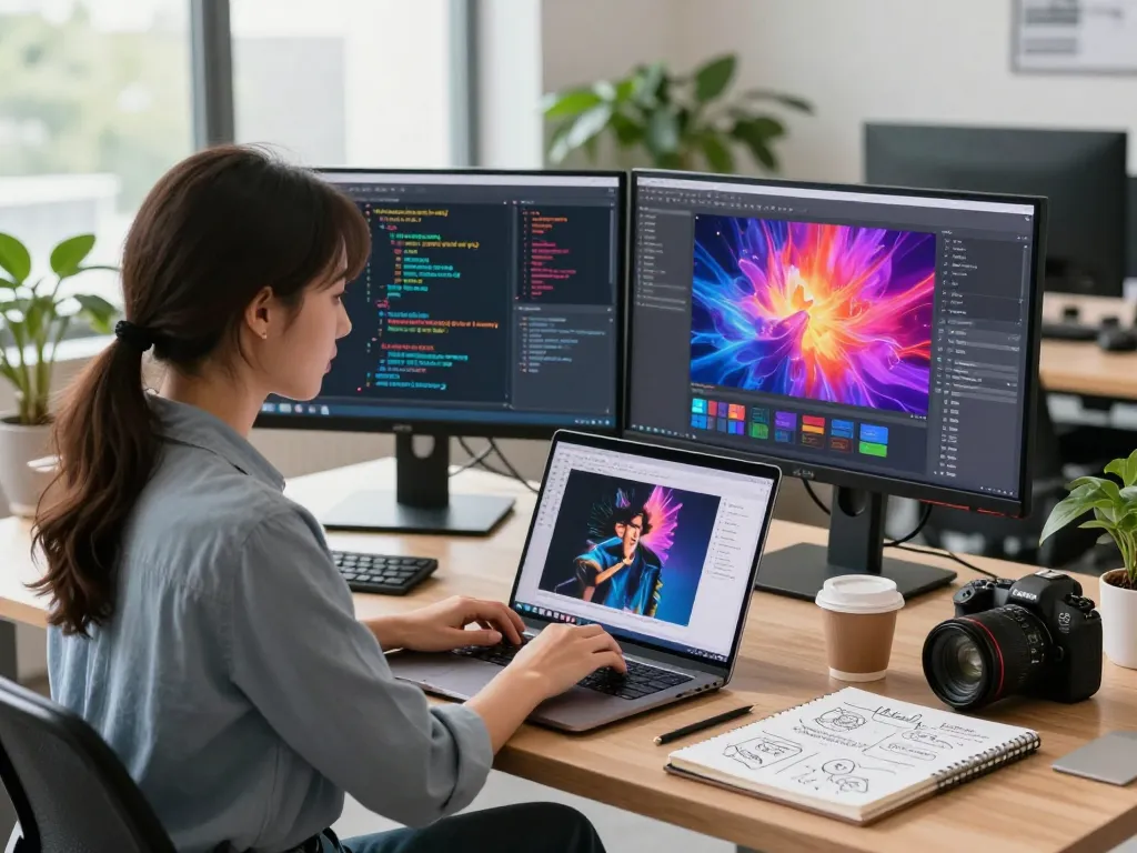 Woman generating AI prompts from images in a vibrant digital workspace, illustrating the concept of image to prompt.