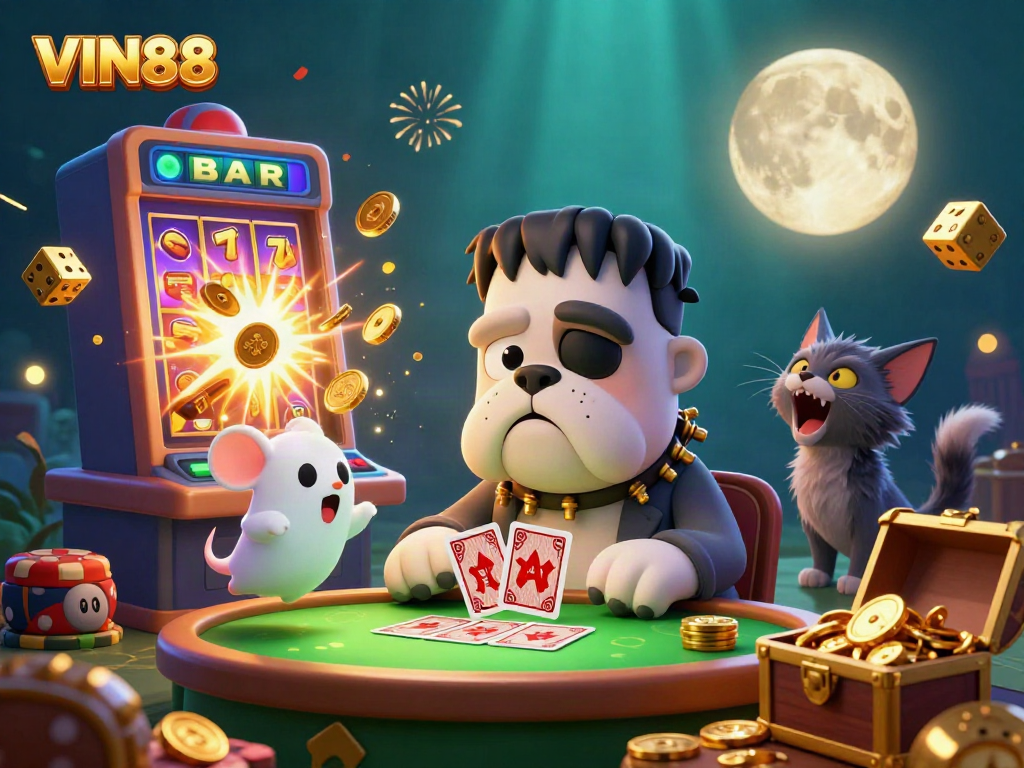 Experience the excitement of VIN88 with a vibrant 3D scene showcasing playful characters and dynamic gambling elements.