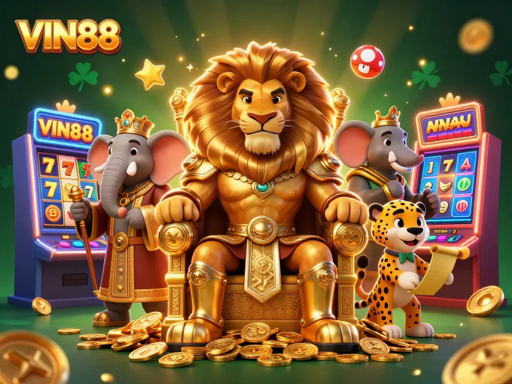Experience the thrilling world of VIN88 with a vibrant 3D casino illustration showcasing royal characters and colorful slot machines.