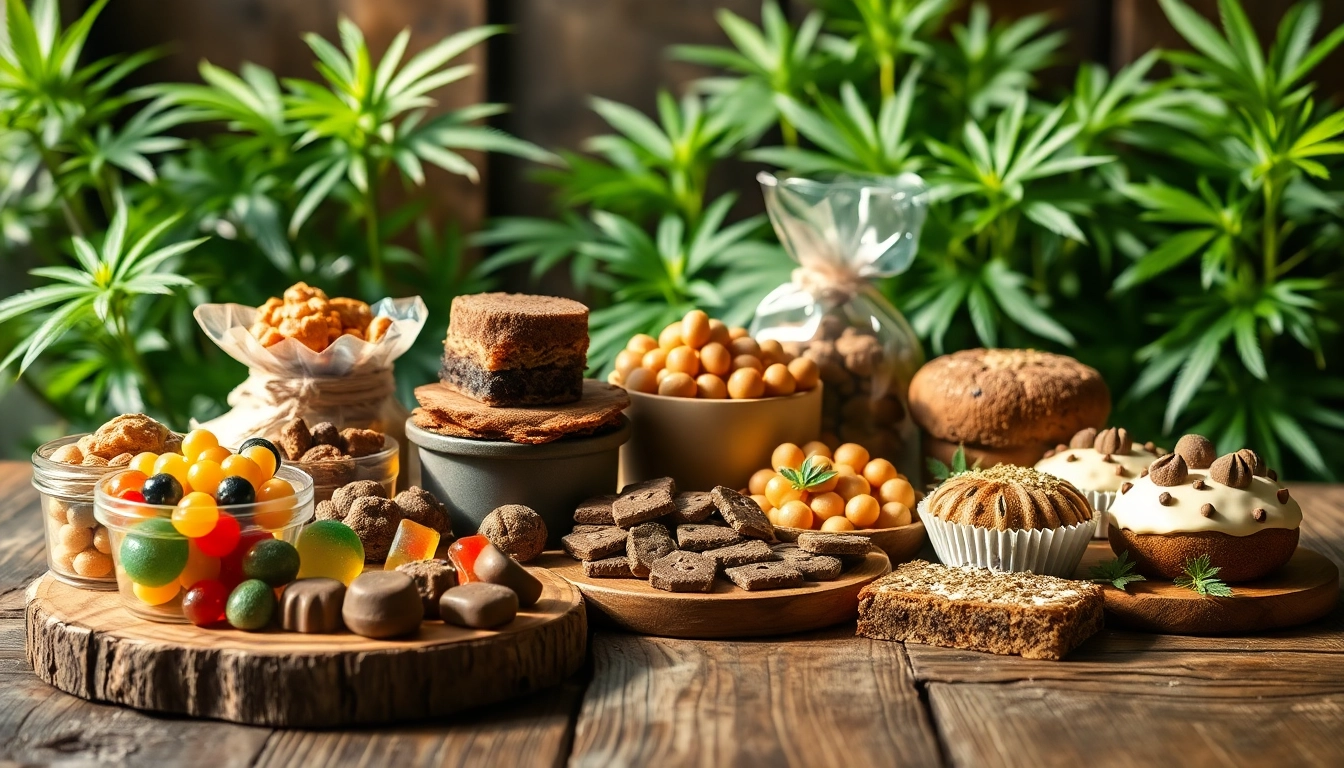 Buy Marijuana Infused Edibles Online UK with a colorful assortment of gourmet options on a rustic table.