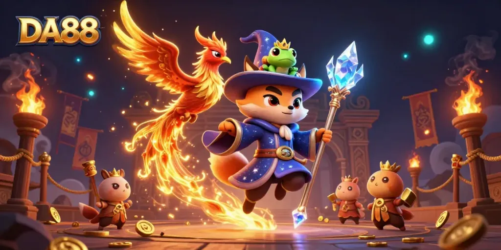 Engage in thrilling action at DA88 with a 3D mystical wizard fox and phoenix amid casino elements.