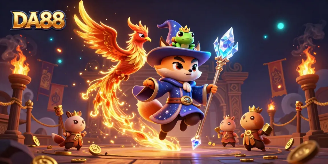 Engage in thrilling action at DA88 with a 3D mystical wizard fox and phoenix amid casino elements.