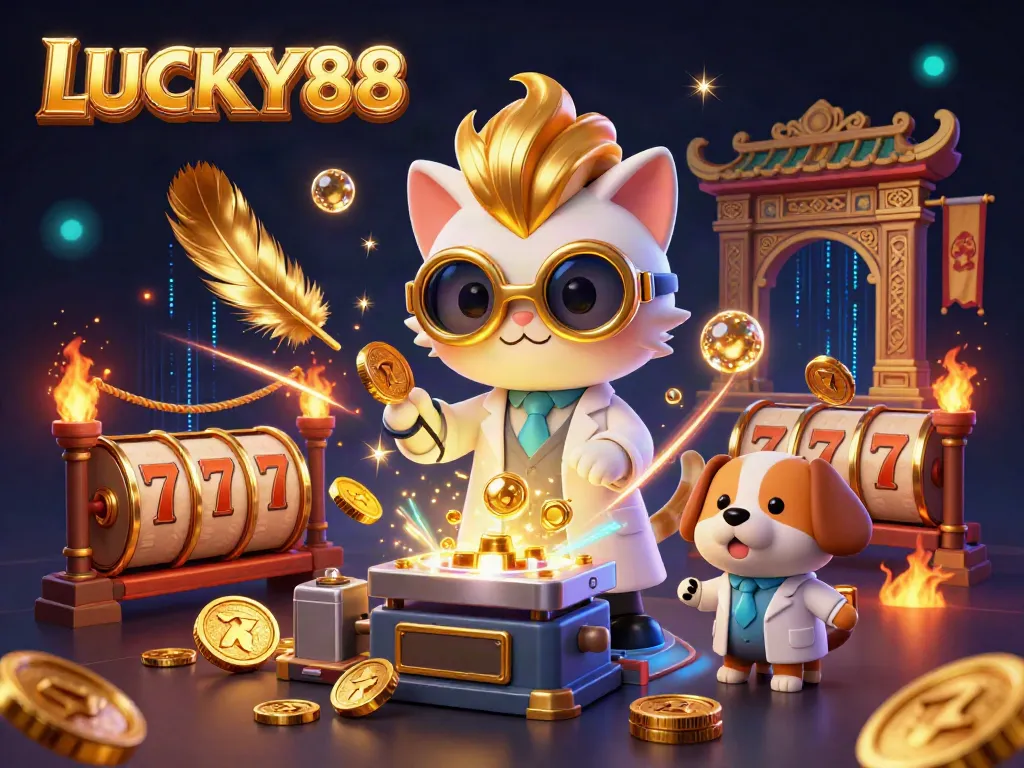 Engage with LUCKY88 in an electrifying casino scene featuring charismatic characters and dynamic gaming elements.