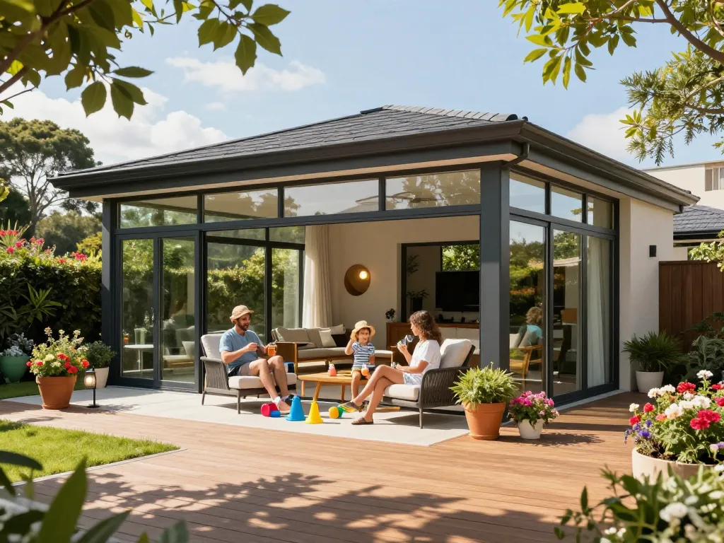 Veranda configurator showcasing a family enjoying a stylish glass veranda in a vibrant garden.