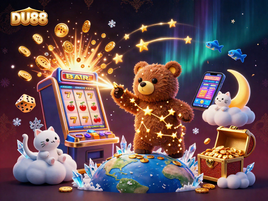 Engage in thrilling gameplay at DU88 with a vibrant casino scene filled with 3D cartoon elements and dynamic jackpots.