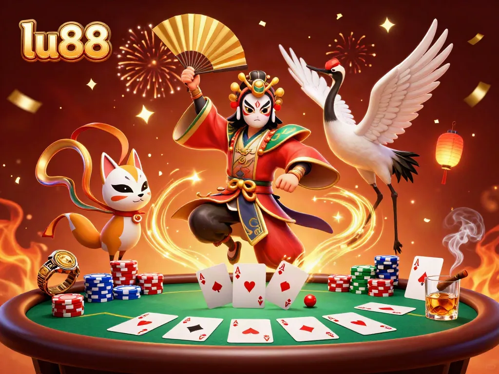 Experience thrilling gameplay at lu88 with vibrant 3D illustration of a kabuki warrior and poker elements.