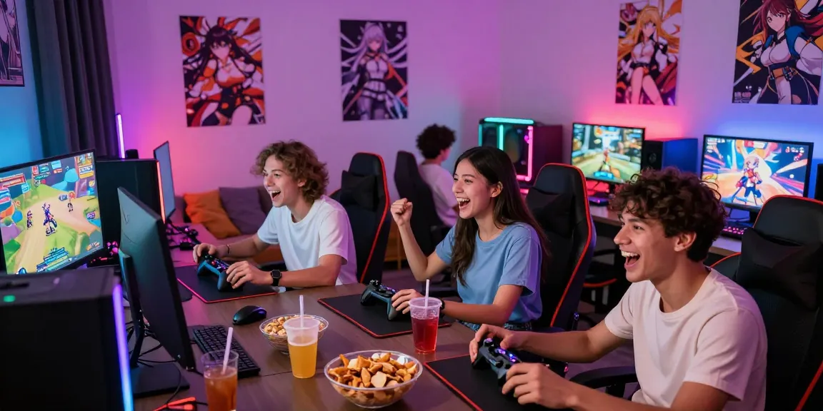 Friends enjoying hentai game sessions in a vibrant gaming room filled with consoles and snacks.
