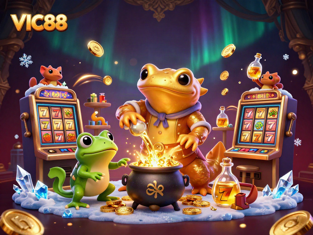 Spin the reels and win with VIC88's exciting casino games featuring golden elements and dynamic action.