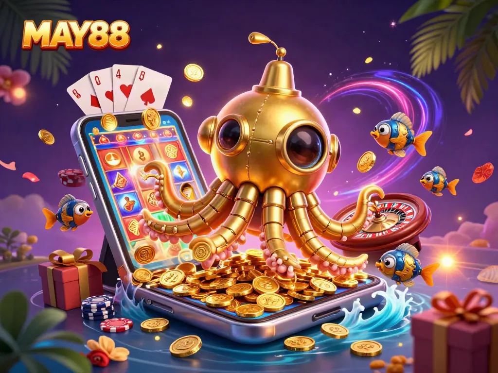 MAY88 offers thrilling gaming with a 3D kraken submarine amidst dynamic slots and casino elements.