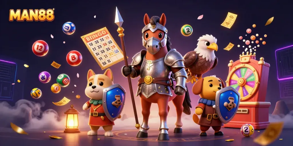 Engage with MAN88's vibrant gaming experience featuring lottery fun, prize wheels, and immersive characters.