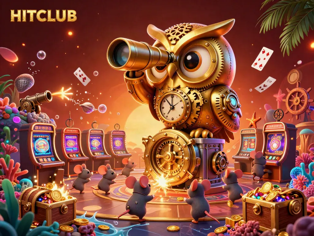 Experience the excitement at HITCLUB with animated characters and vibrant casino elements illustrating dynamic gameplay.