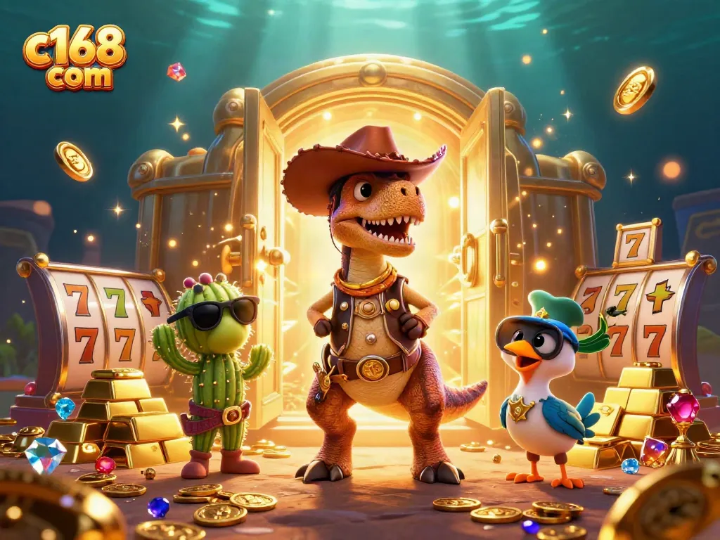 Experience c168 com vibes as a cowboy dinosaur and friends hit the jackpot in this vibrant casino scene.