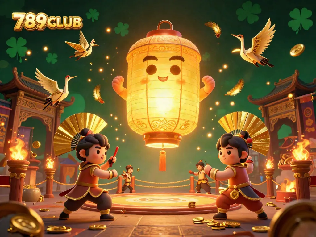 Capture the energetic spirit of 789CLUB with a golden lantern floating above a vibrant night market casino, showcasing Chinese culture.