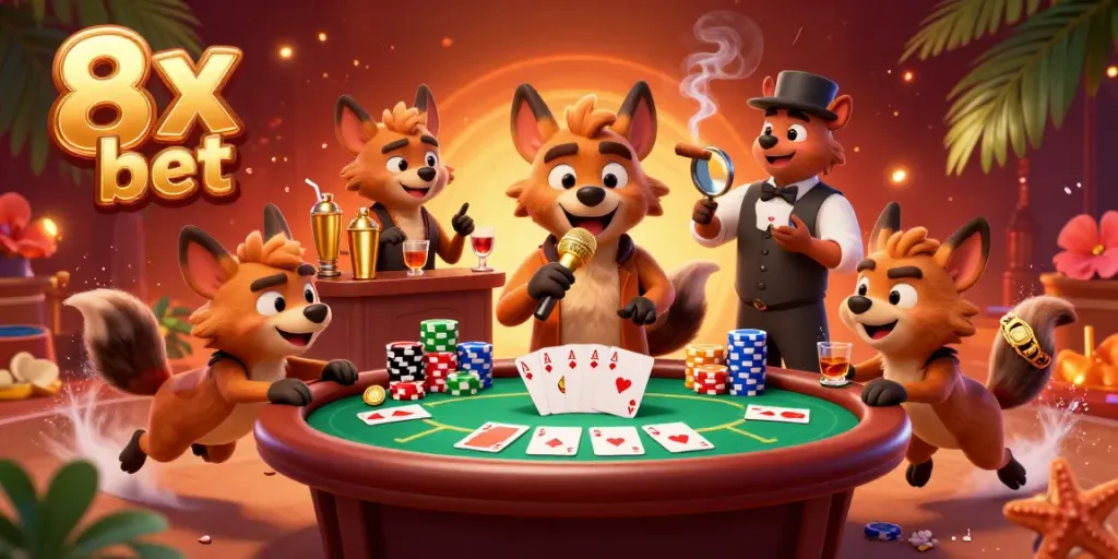 Enjoy the comedic atmosphere at the 8x bet casino with playful hyenas and poker excitement.