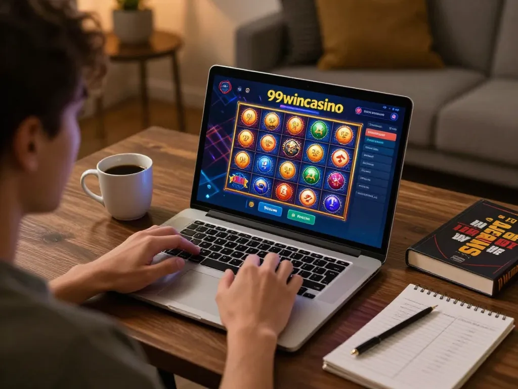 Playing on 99wincasino's vibrant online slots while enjoying a cozy home atmosphere.