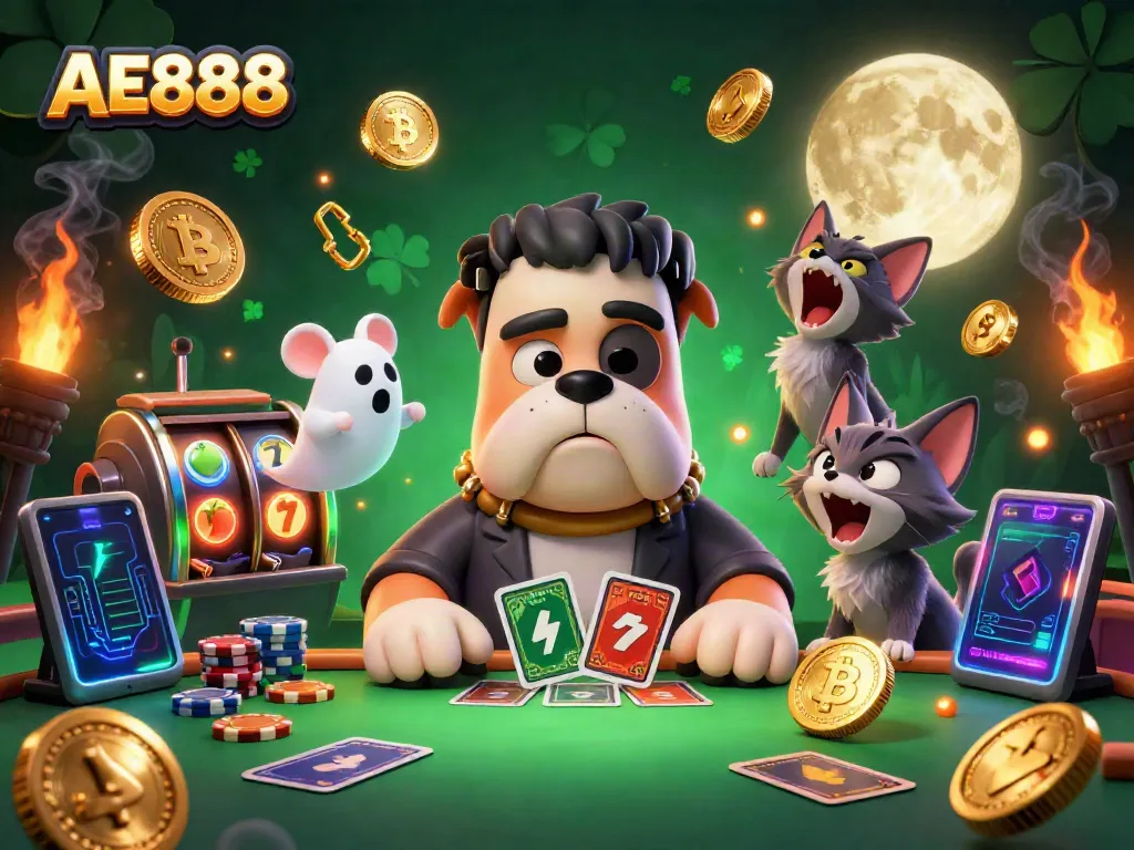 Experience thrilling gameplay with AE888 featuring a Frankenstein bulldog dealer at a vibrant casino scene.