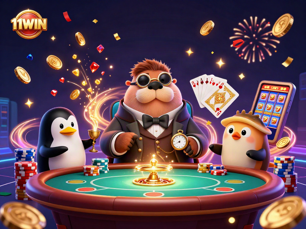 Engage with 11WIN's thrilling underwater casino scene featuring animated characters amidst vibrant gambling elements.