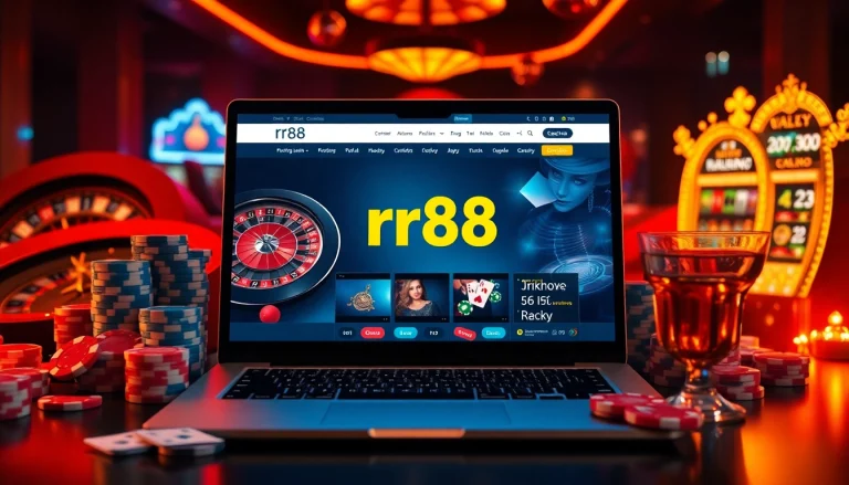 Experience the thrill of gambling with nhà cái rr88 in a modern online casino setting, featuring poker chips and a roulette wheel.