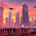 Explore the vibrant future of New Technology with a diverse crowd using VR and drones.