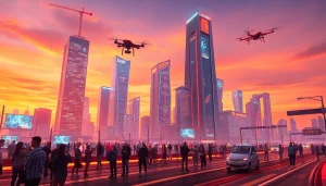 Explore the vibrant future of New Technology with a diverse crowd using VR and drones.