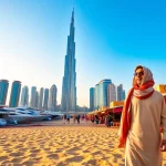 Experience Travel to Dubai through this vibrant image of Burj Khalifa with a traveler enjoying the lively atmosphere.