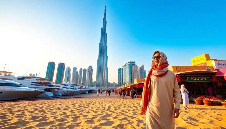 Experience Travel to Dubai through this vibrant image of Burj Khalifa with a traveler enjoying the lively atmosphere.