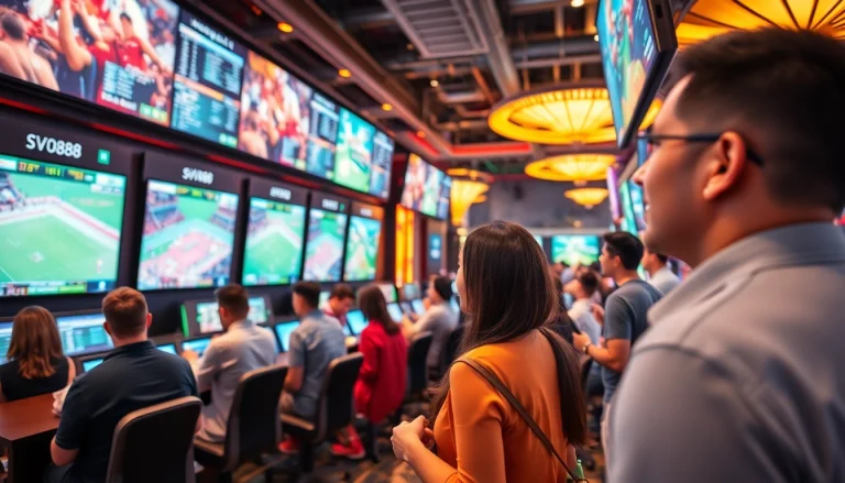 Engaging patrons celebrating their wins with Nhà Cái SV88 at a dynamic sports betting area.