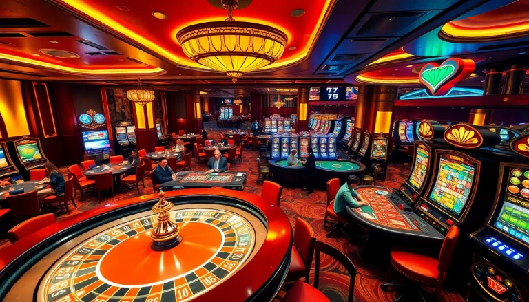 A bustling casino scene illustrating Nhà cái uy tín with players at roulette and poker tables immersed in thrilling gameplay.