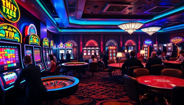 Players enjoying thrilling games at THA casino, featuring vibrant slot machines and a lively atmosphere.