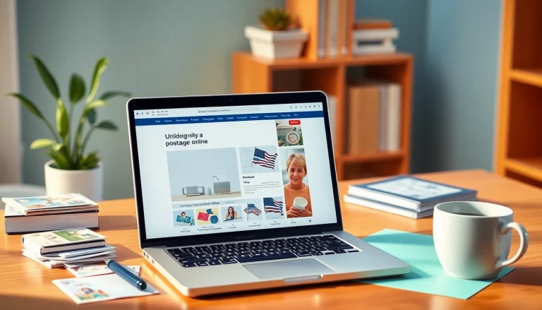 Discover the convenience of buying postage stamps online with an inviting workspace featuring a laptop and organized stamps.