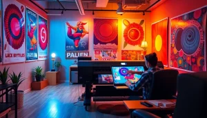 Engaging artists create vibrant poster printing designs in a lively studio.