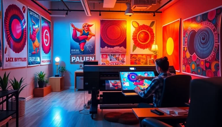 Engaging artists create vibrant poster printing designs in a lively studio.