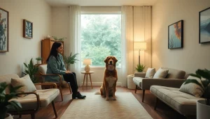 Psychologist with a dog Sydney providing therapy in a cozy room with inviting atmosphere.