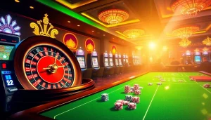 Vibrant casino scene featuring KJC AC 3 activities with poker chips, roulette wheel, and engaging players.