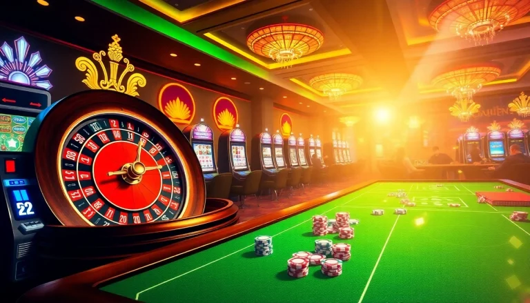 Vibrant casino scene featuring KJC AC 3 activities with poker chips, roulette wheel, and engaging players.