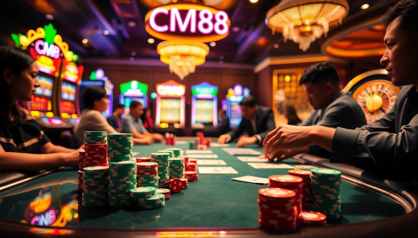Experience the thrill of CM88 at a vibrant casino night, featuring intense poker gameplay and stunning casino elements.