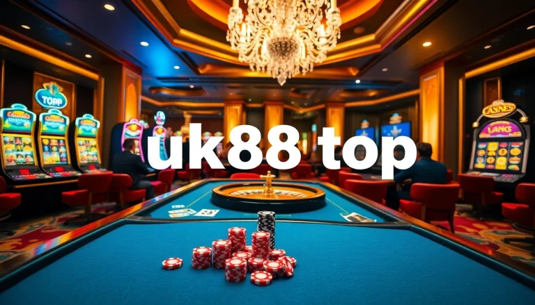 Experience the thrilling betting action at uk88 top casino, highlighting an elegant gaming table and vibrant slot machines.