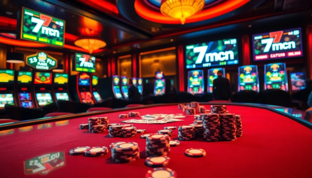 Engaging players analyzing real-time sports scores at the 7mcn gaming table in a luxurious casino.